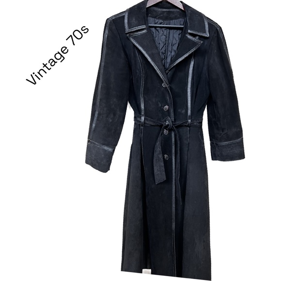 Rare Find!Vintage 70s Dark Mocha Brown Real Leather & Suede Belted Long Coat - Picture 6 of 9